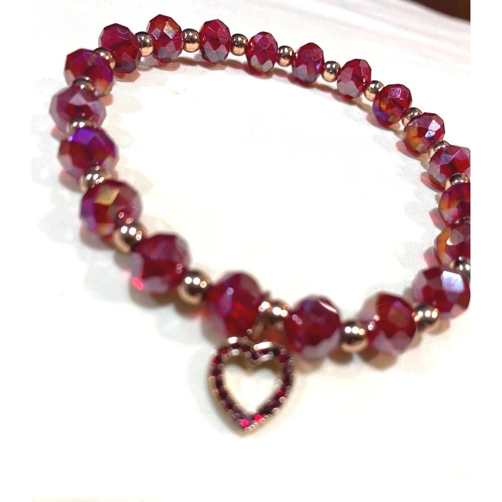 Red Crystal Beaded Bracelet With Heart Charm